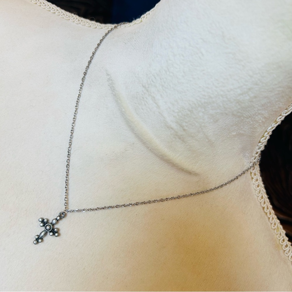 Vintage textured pewter cross on chain necklace